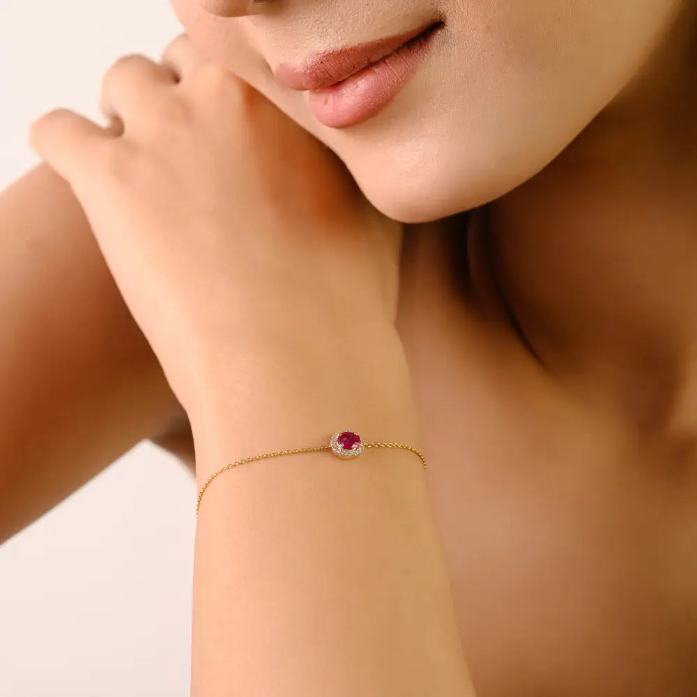 Stunning Precious Gemstone Ruby & Diamond 14K Yellow Gold Solitaire Halo Bracelet Women