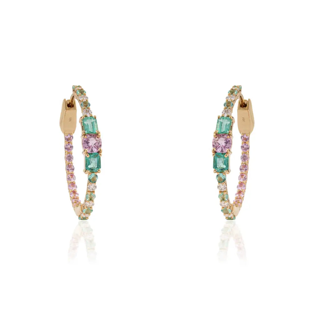 Precious Gemstone Emerald Pink Sapphire & Diamond Hoop Earrings 18K Yellow Gold Jewelry