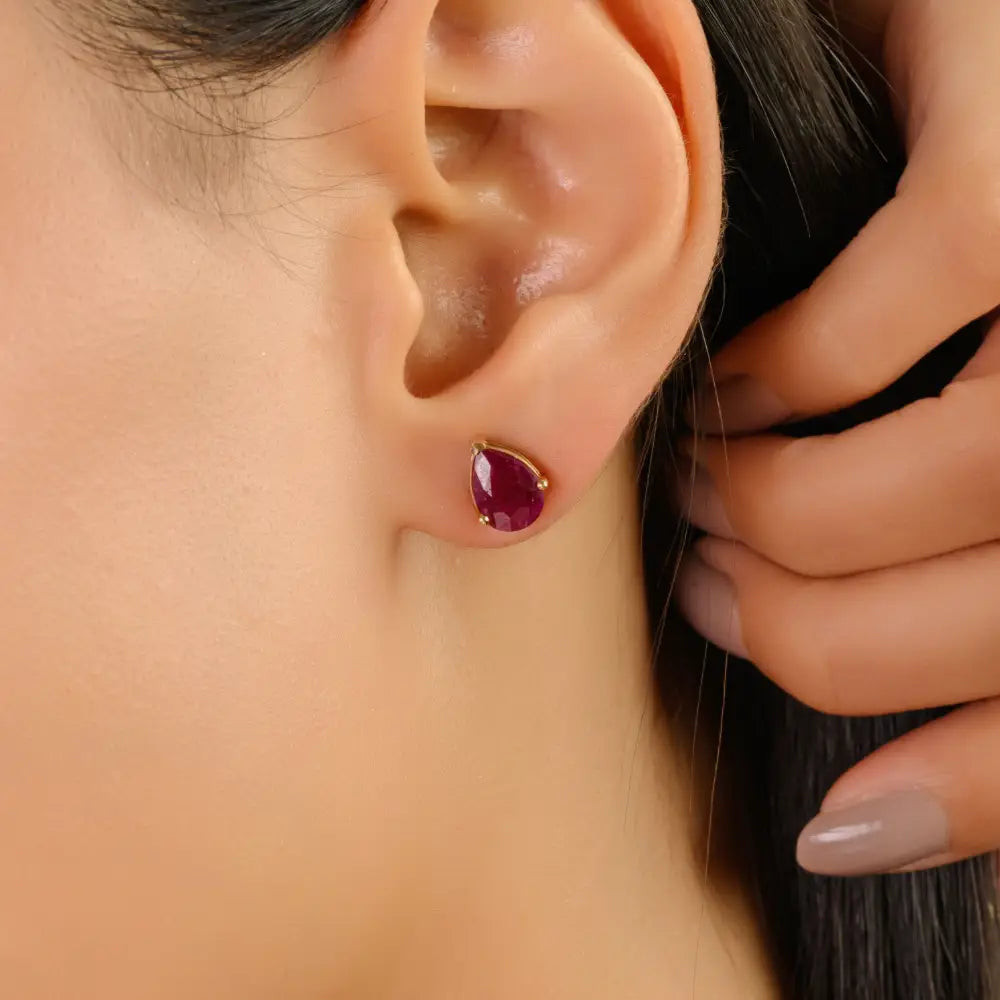 Pear Shape Ruby Single Stone Stud Earrings 14K Yellow Gold Valentine's Day Gift Jewelry