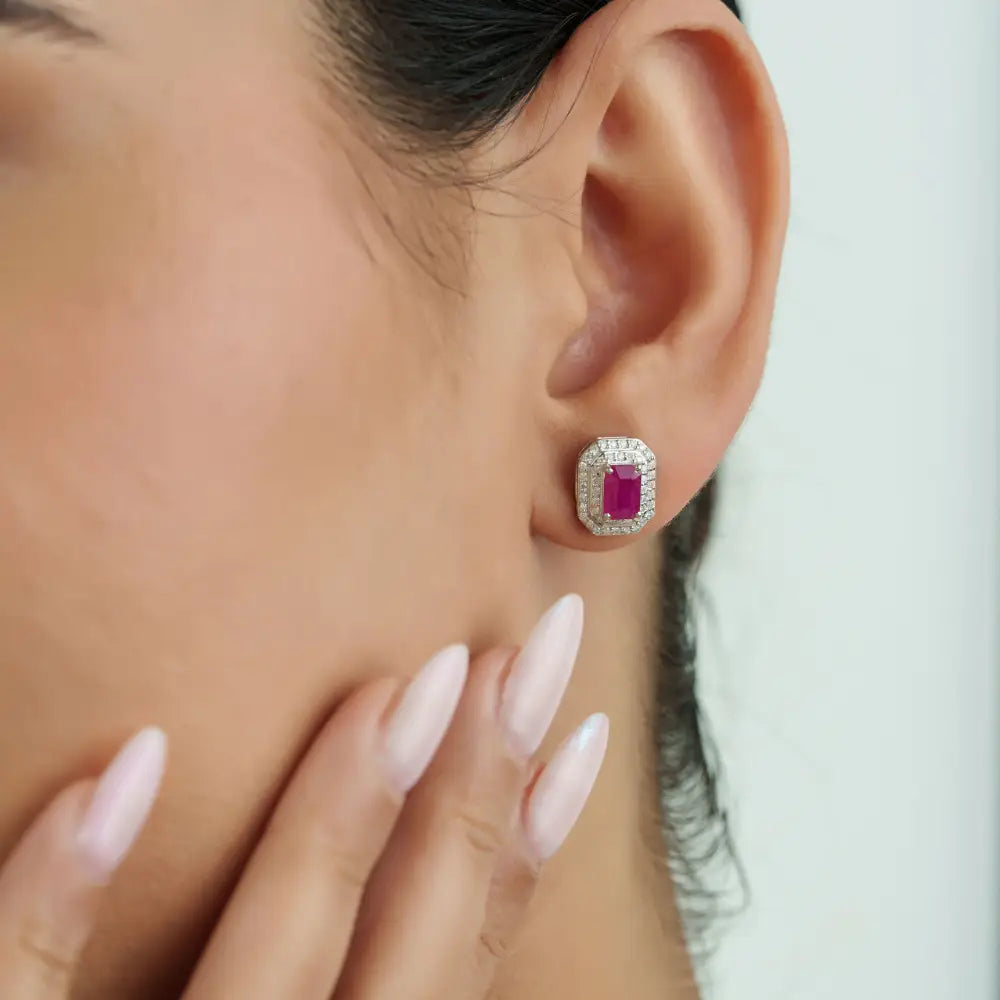 100% Authentic Ruby & Diamond Solid K14 White Gold Double Cluster Stud Earrings Gift For Mom