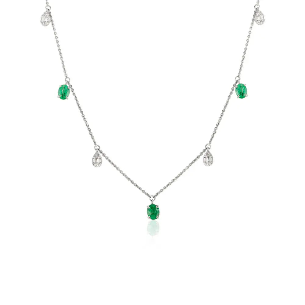 Elegant Design 14K White Gold Emerald & Diamond Stacking Charm Necklace Everyday Jewelry