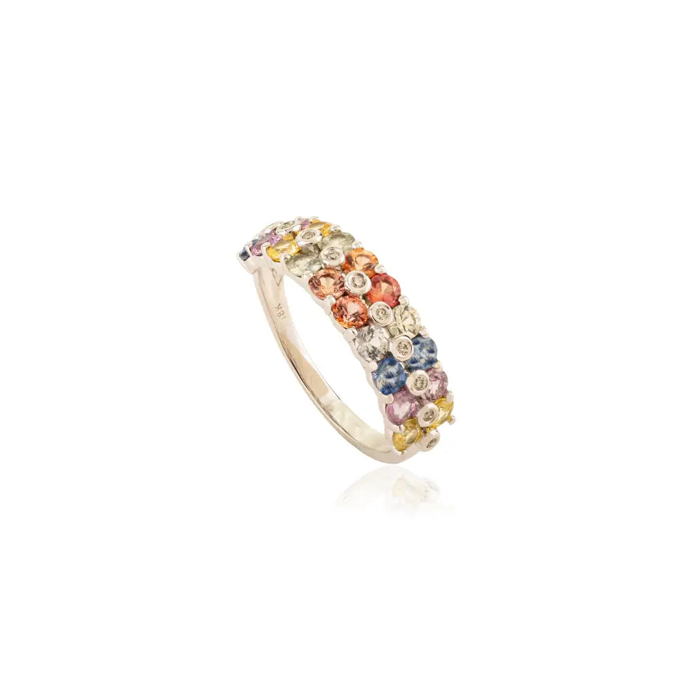 Colorful Gemstone Round Cut Multi Sapphire & Diamond 18K White Gold Half Eternity Band Ring
