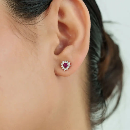 Solid 14K White Gold Heart Shape Ruby & Diamond Cluster Stud Earrings For Women & Girls