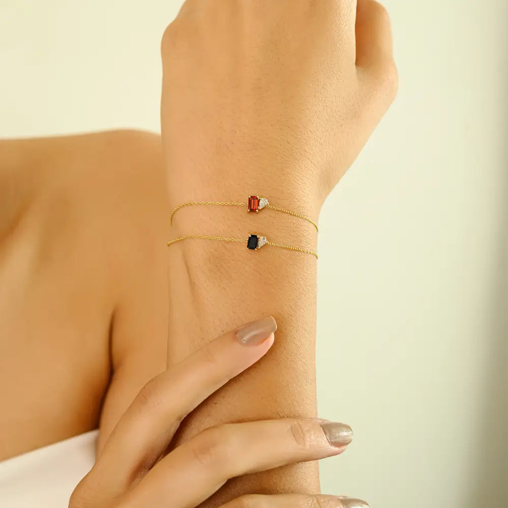 5x3mm Baguette Cut Garnet & Diamond Dainty Toi et Moi Bracelet 14K Real Yellow Gold Jewelry