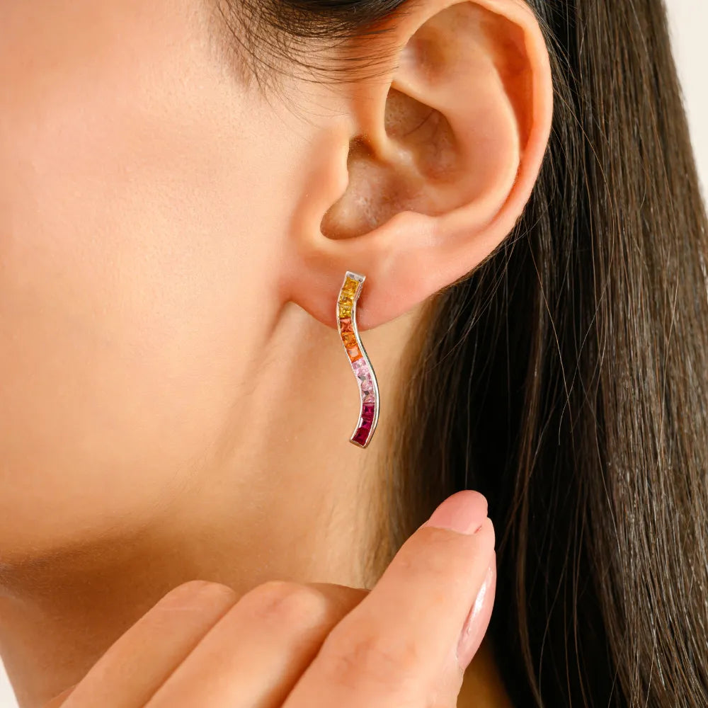 Latest Design Multi Sapphire & Ruby Wave Shape Dangle Earrings Real 14K White Gold