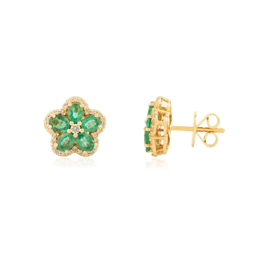 Unique Trending Natural Emerald & Diamond 14K Solid Gold Flower Stud Earrings For Women