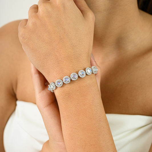 Elegant & Classic Jewelry Genuine Moonstone & American Diamond Round Flower Bracelet
