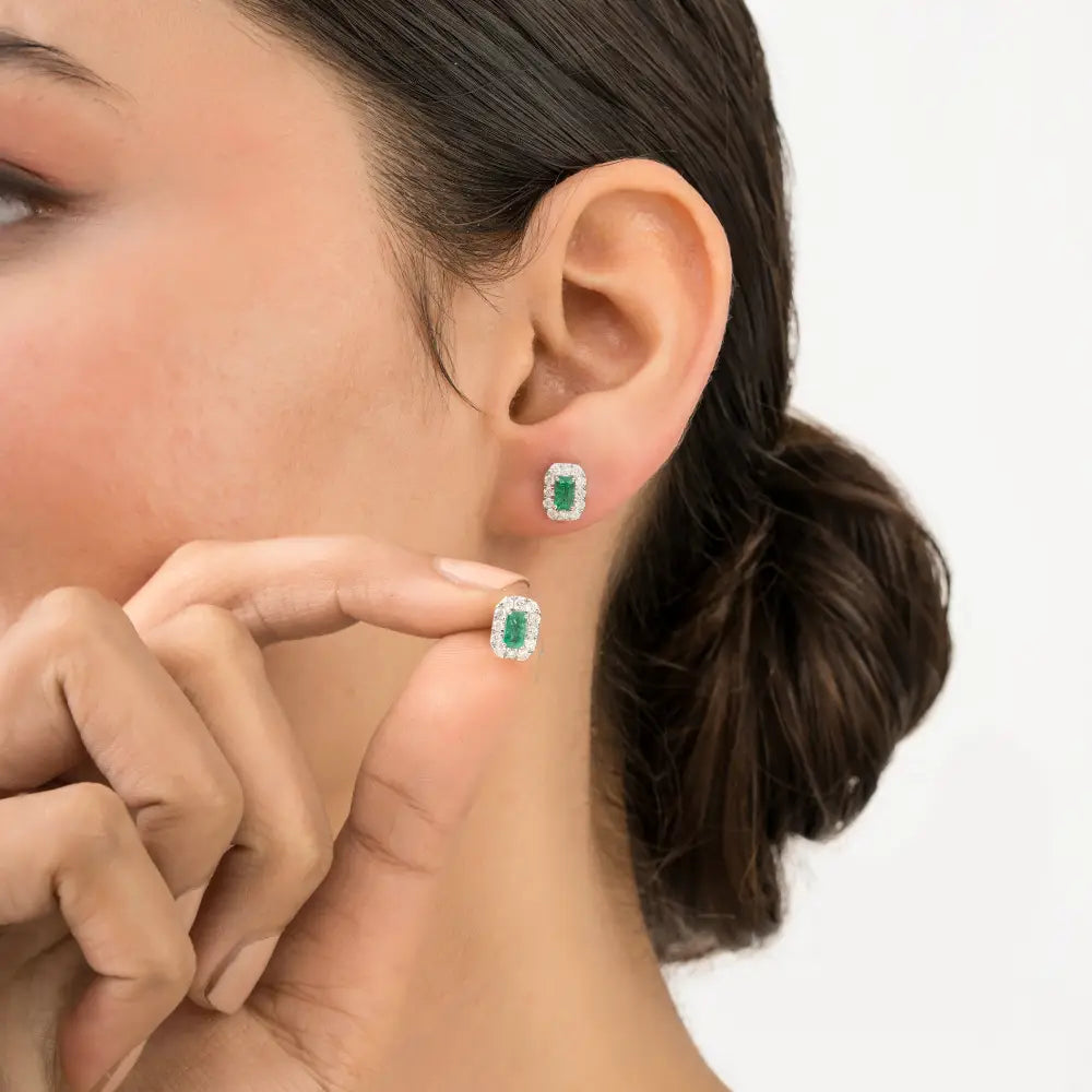 Dainty Small Emerald & Diamond Halo Stud Earrings Handmade 14K Pure White Gold Jewelry