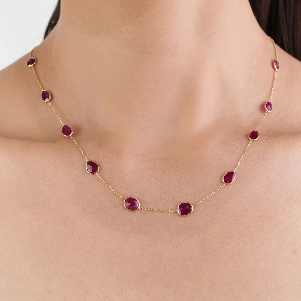 100% Natural Uneven Cut Ruby Gemstone Station Chain Necklace Wholesale 14K Yellow Gold Bulk Jewelry