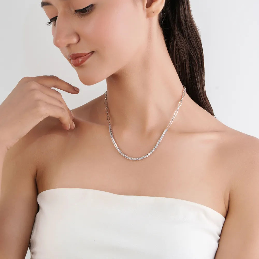 3mm Round Cut Diamond Real K14 White Gold Paperclip Chain Half Tennis Necklace Sparkle Bulk Jewelry