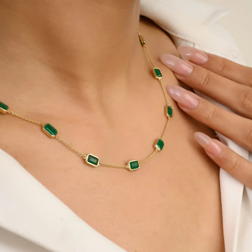 Birthstone Jewelry 14K Yellow Gold Natural Emerald Station Chain Necklace