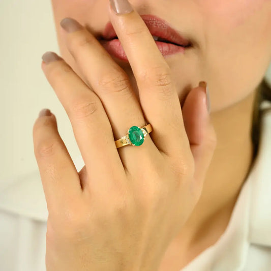 Real 14K Yellow Gold Oval Shape Emerald & Round Cut Diamond Gemstone Ring Fine Jewelry
