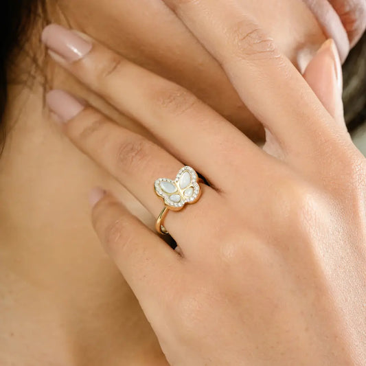 Unique Design Mother & Pearl & Diamond Butterfly Ring Solid 14K Yellow Gold Handmade Jewelry