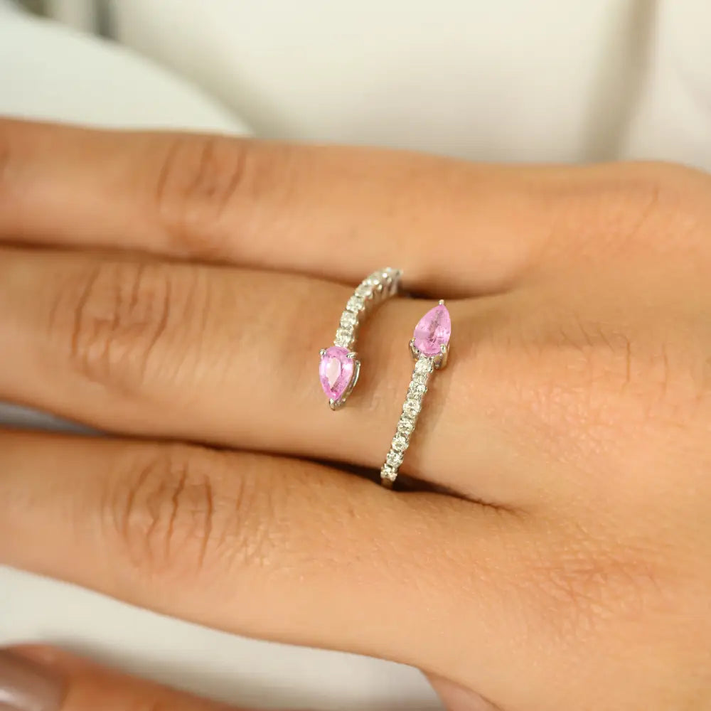 Pear Shape Pink Sapphire & Round Cut Diamond 18K White Gold Open Ring Trending Jewelry