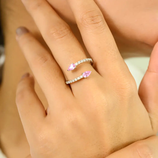 Pear Shape Pink Sapphire & Round Cut Diamond 18K White Gold Open Ring Trending Jewelry