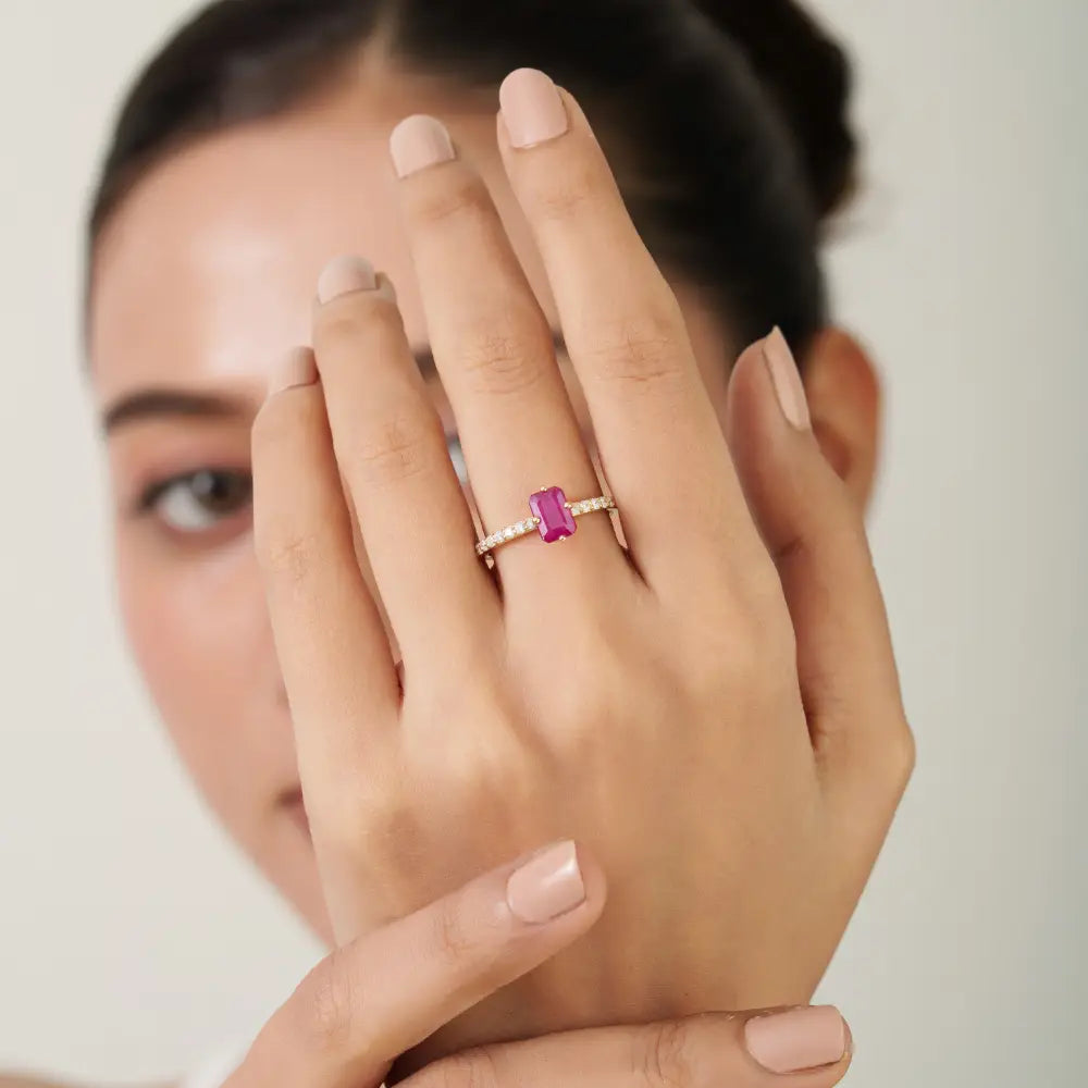 14K Solid Yellow Gold Prong Set Ruby & Diamond Engagement Finger Ring Anniversary Gift