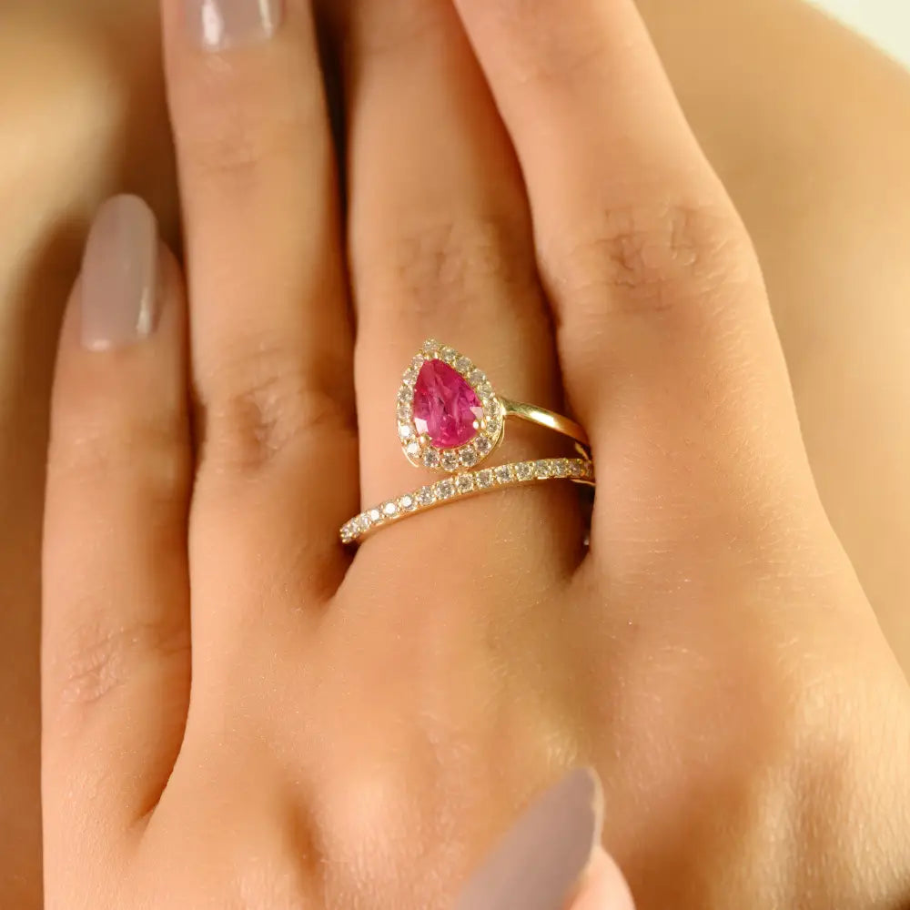 Pear Shape Ruby & Diamond Halo Floating Designer Ring 14K Yellow Gold Wedding Jewelry