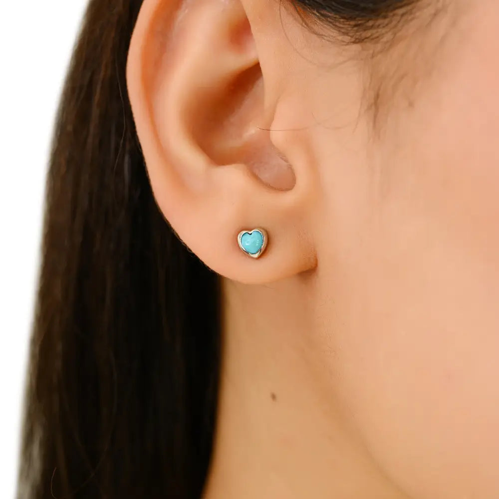 Minimalist Design Turquoise Gemstone Heart Shape Stud Earrings Real K14 White Gold Jewelry