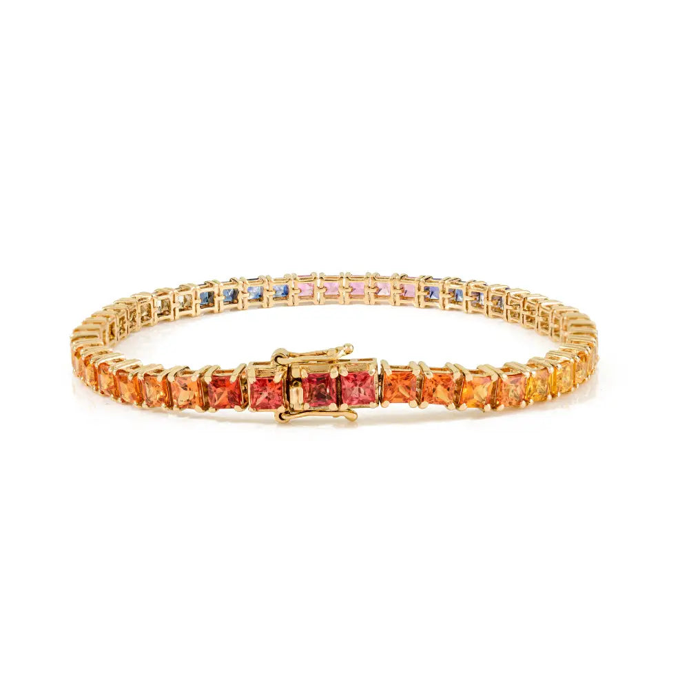 Asscher Cut Colorful Multi Sapphire 14K Solid Yellow Gold Stacking Tennis Bracelet New Arrivals