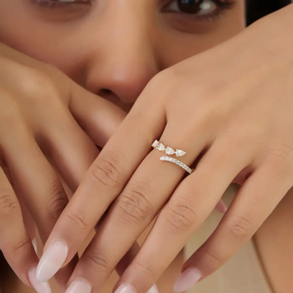 Minimal Unique Design Real Diamond Stacking Bypass Ring Custom 14K Yellow Gold Jewelry