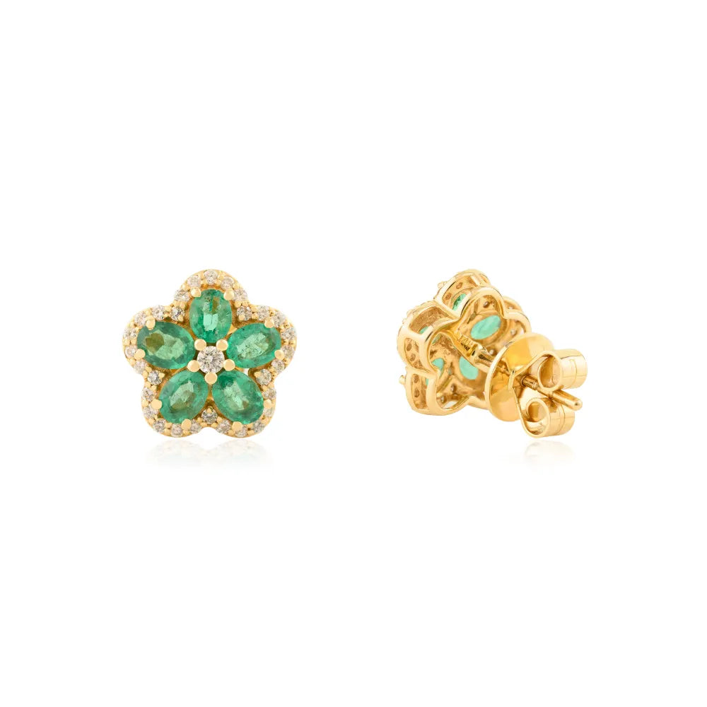 Unique Trending Natural Emerald & Diamond 14K Solid Gold Flower Stud Earrings For Women