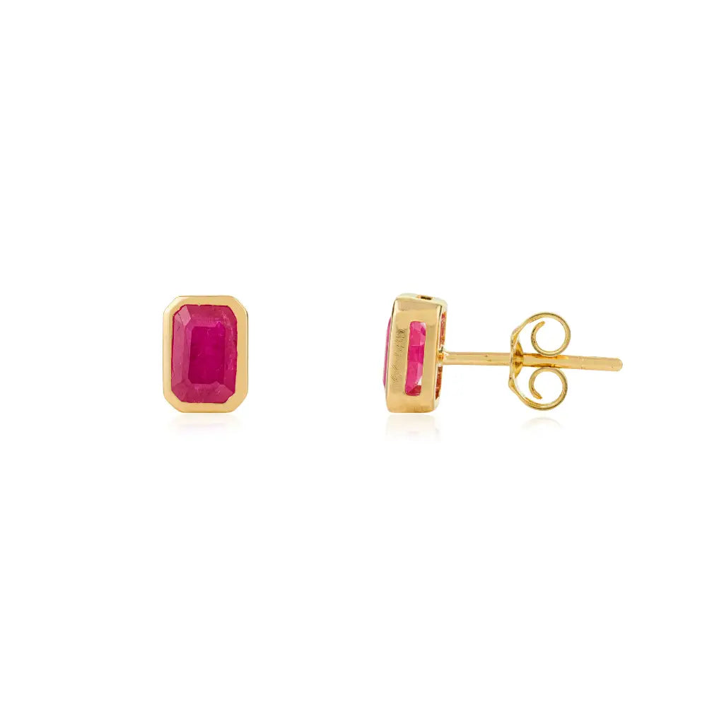 100% Genuine Ruby July Birthstone Bezel Set Solitaire Stud Earrings Gift For Women 14K Gold