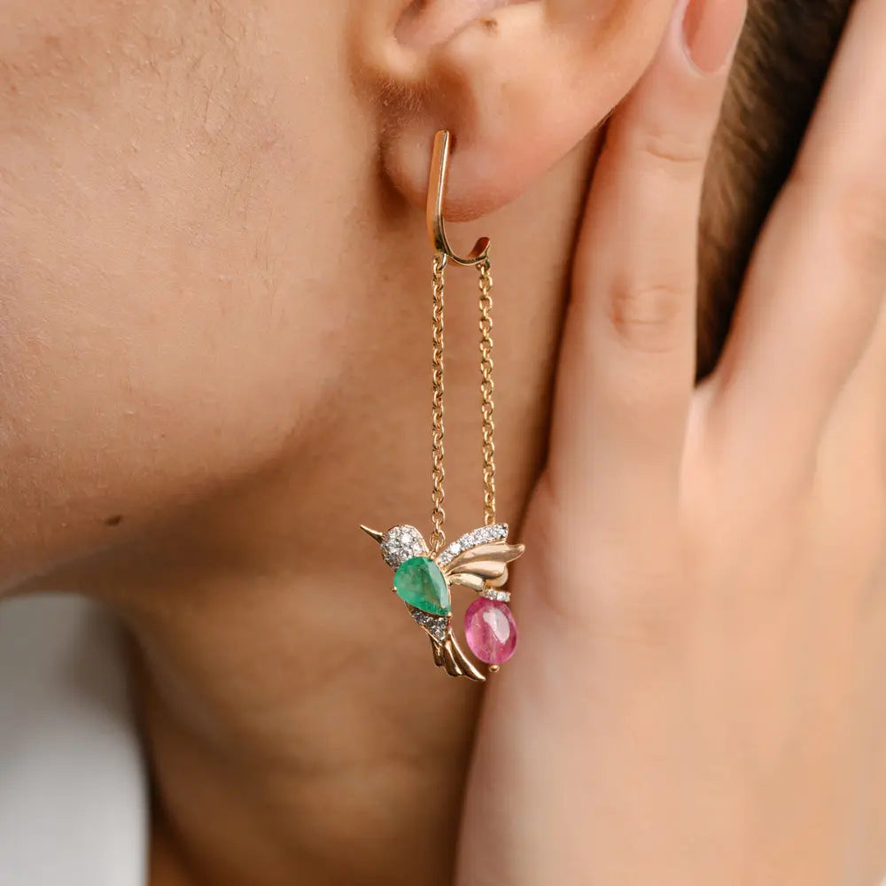 18k Rose Gold Flying Hummingbird Emerald, Ruby & Diamond Chain Earrings