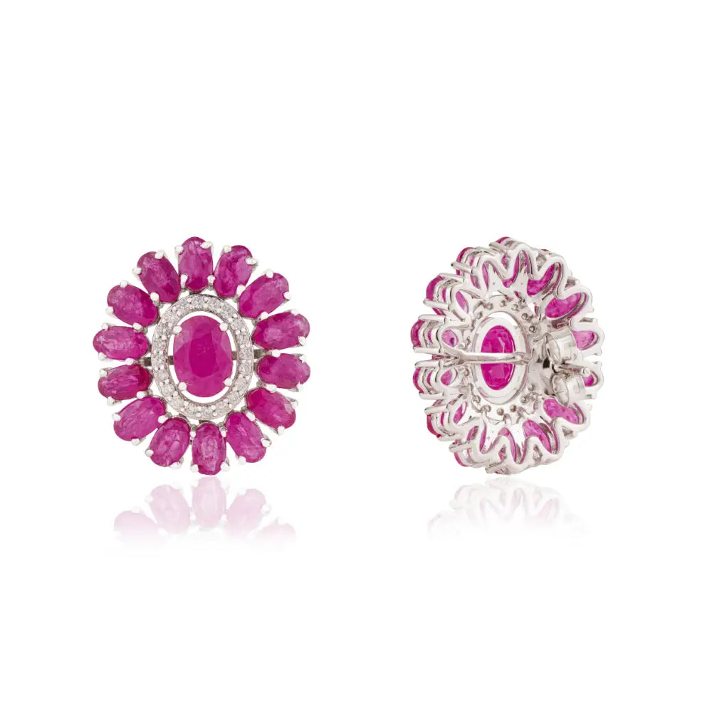 July Birthstone Ruby & Diamond Halo Big Flower Stud Earrings For Women 14K White Gold