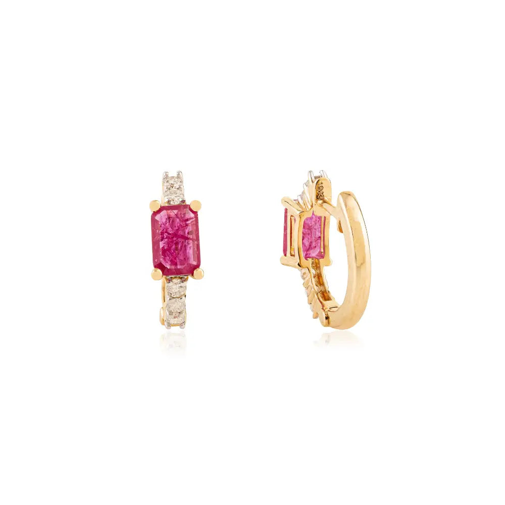 July Birthstone Ruby & Diamond 18K Yellow Gold Minimal Hoop Earrings Valentine Gift