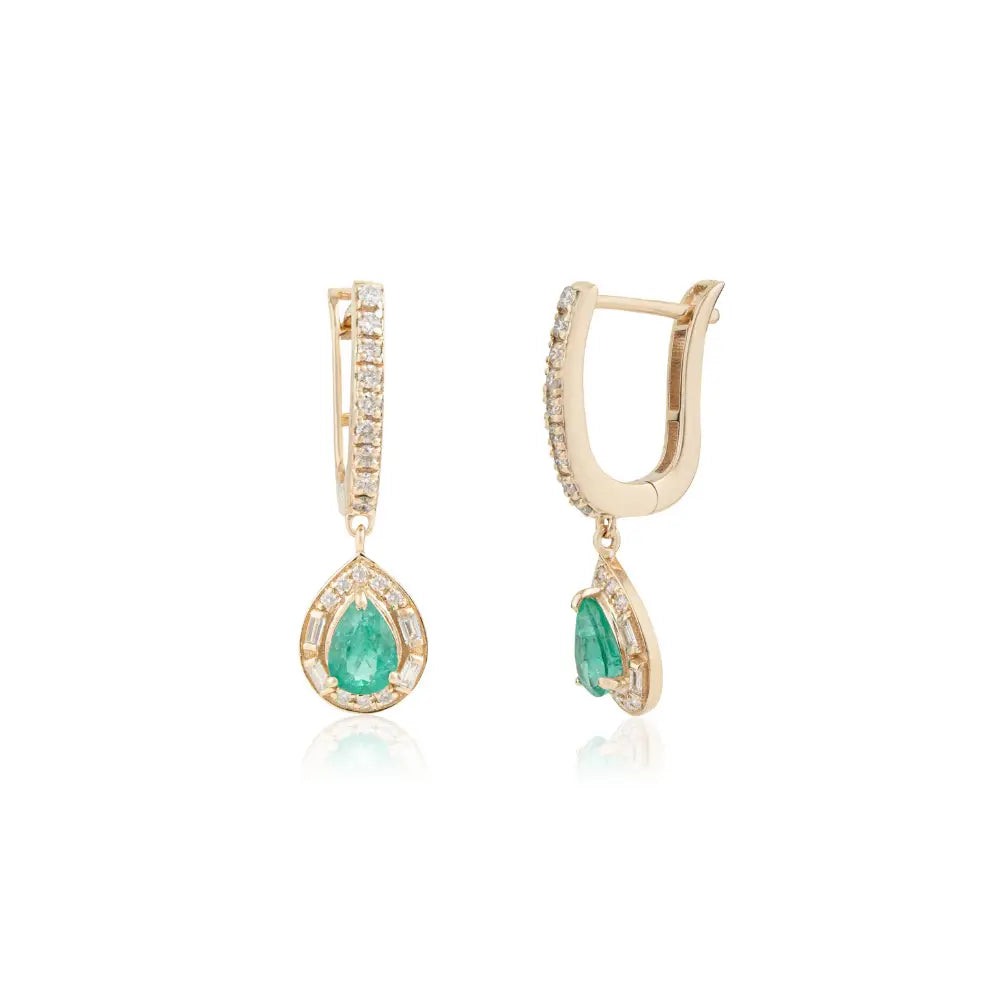 Elegant Emerald & Diamond K14 Real Yellow Gold Halo Hoop Drop Earrings Women Jewelry