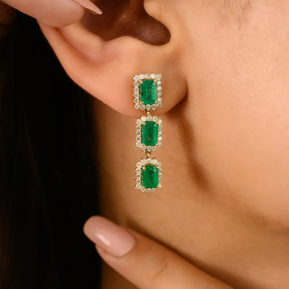 Prong Set Emerald & Diamond Cluster Dangle Earrings For Women Wedding Jewelry 14K Gold
