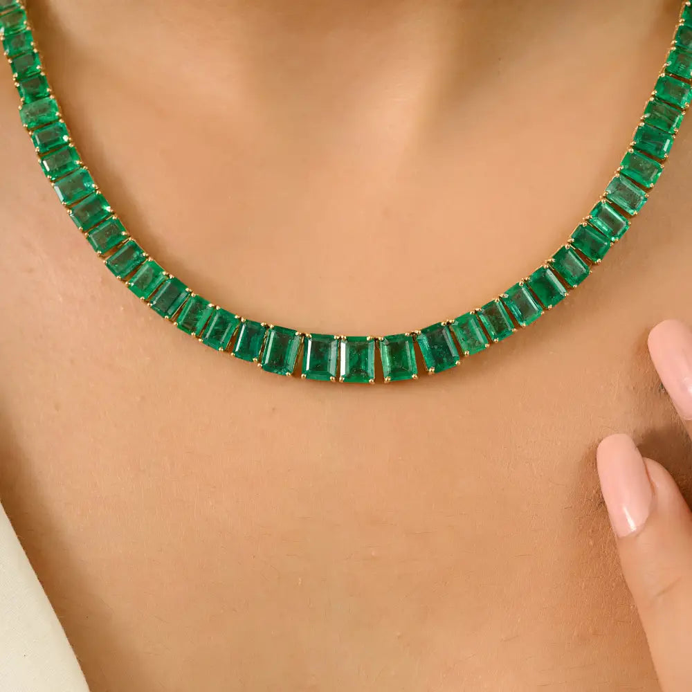 Statement Jewelry Real Emerald Tennis Necklace For Bridal K14 Yellow Gold May Birthstone