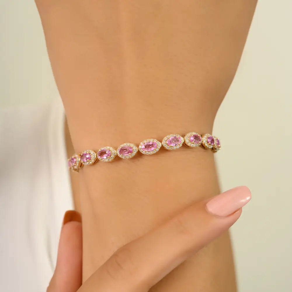 Pink Sapphire & Diamond Box Lock Halo Tennis Bracelet K14 Solid Yellow Gold New Jewelry