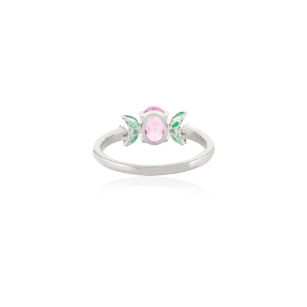 Emerald, Pink Sapphire & Diamond 14K Solid White Gold Ring Birthstone Jewelry