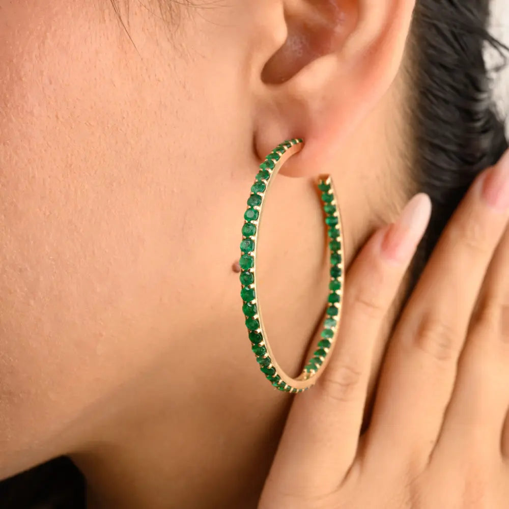 Birthstone Jewelry K14 Yellow Gold 100% Natural Emerald Hoop Earrings