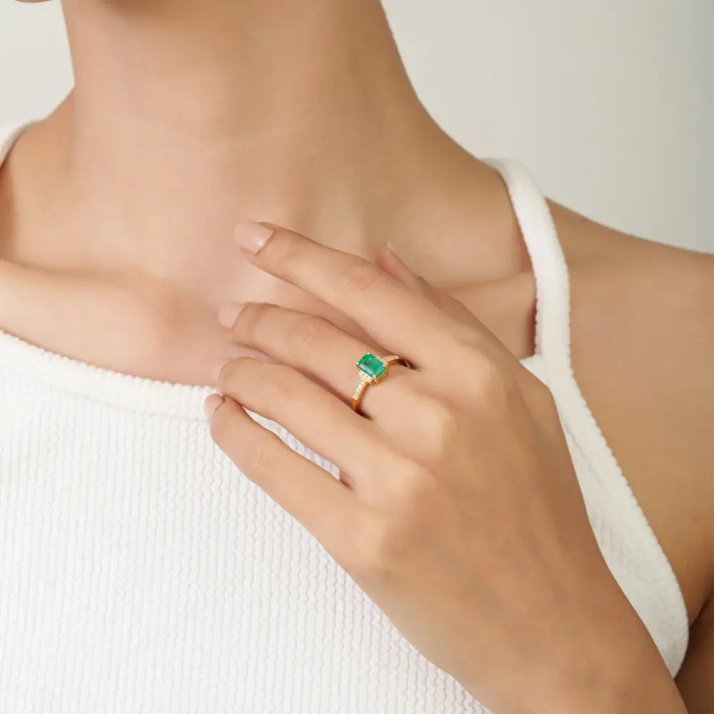 K14 Yellow Gold Handcrafted Emerald & Diamond Engagement Ring New Arrivals Jewelry