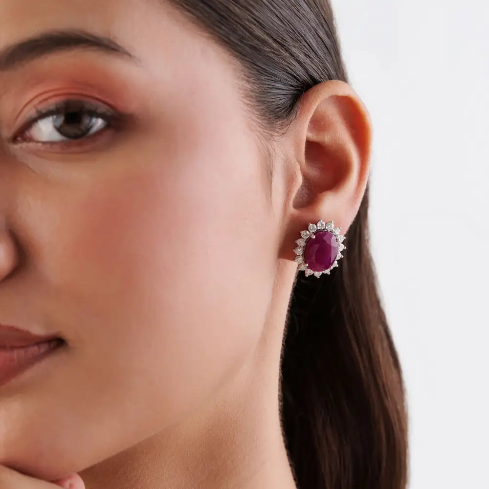 18.91ct. Ruby & Diamond Statement Cluster Stud Earrings Solid 14K White Gold Custom Jewelry