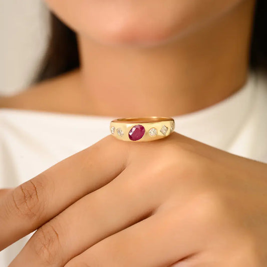 Best Selling Mixed Shape Diamond & Ruby Chunky Dome Ring 18K Yellow Gold Engagement Jewelry