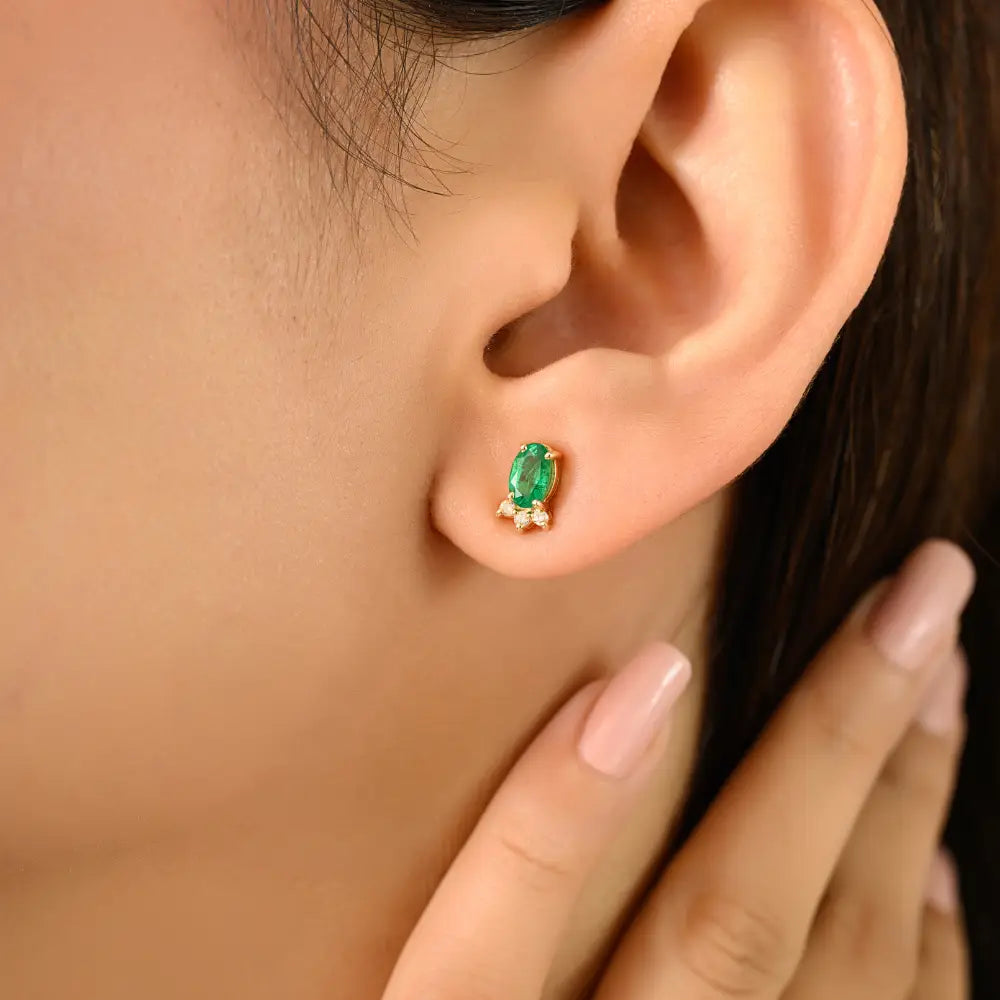 Minimalist Oval Emerald & Round Diamond 14K Yellow Gold Small Stud Earrings Daily Wear Jewelry