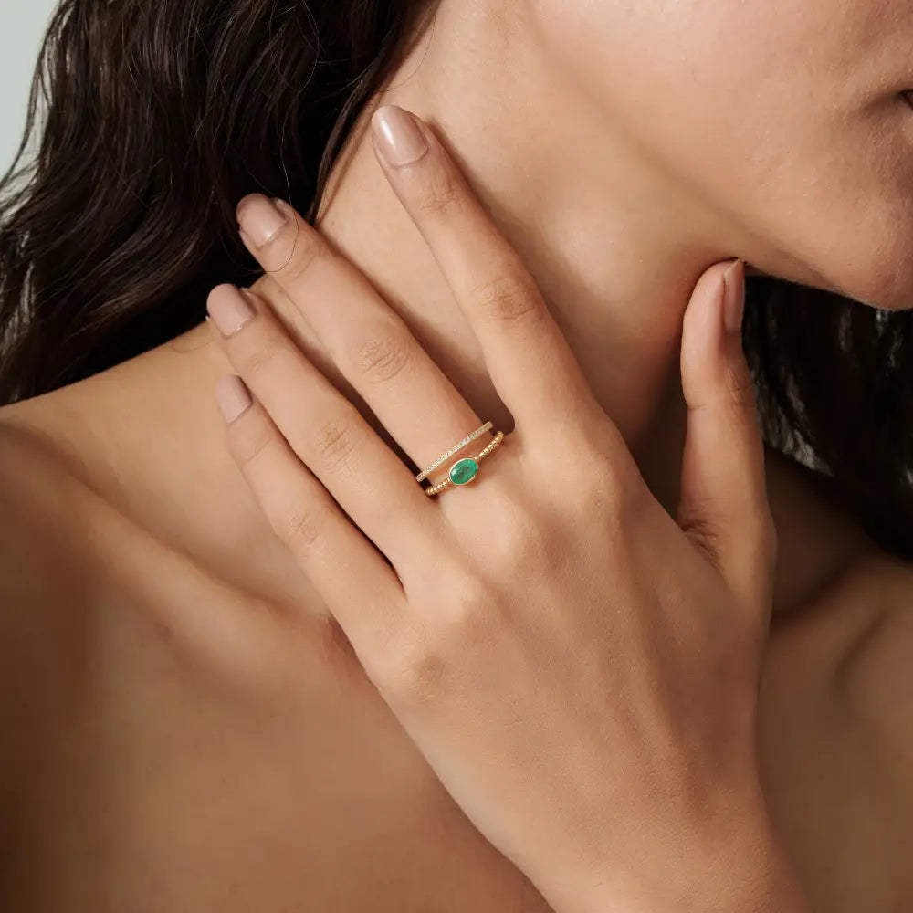 Real Emerald & Diamond Double Band Ring K14 Solid Yellow Gold Stackable Jewelry Supplier