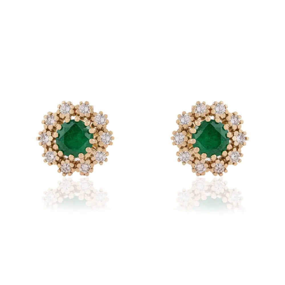 Flower Inspired Round Cut Emerald & Diamond Pure 14K Yellow Gold Stud Earrings For Girls