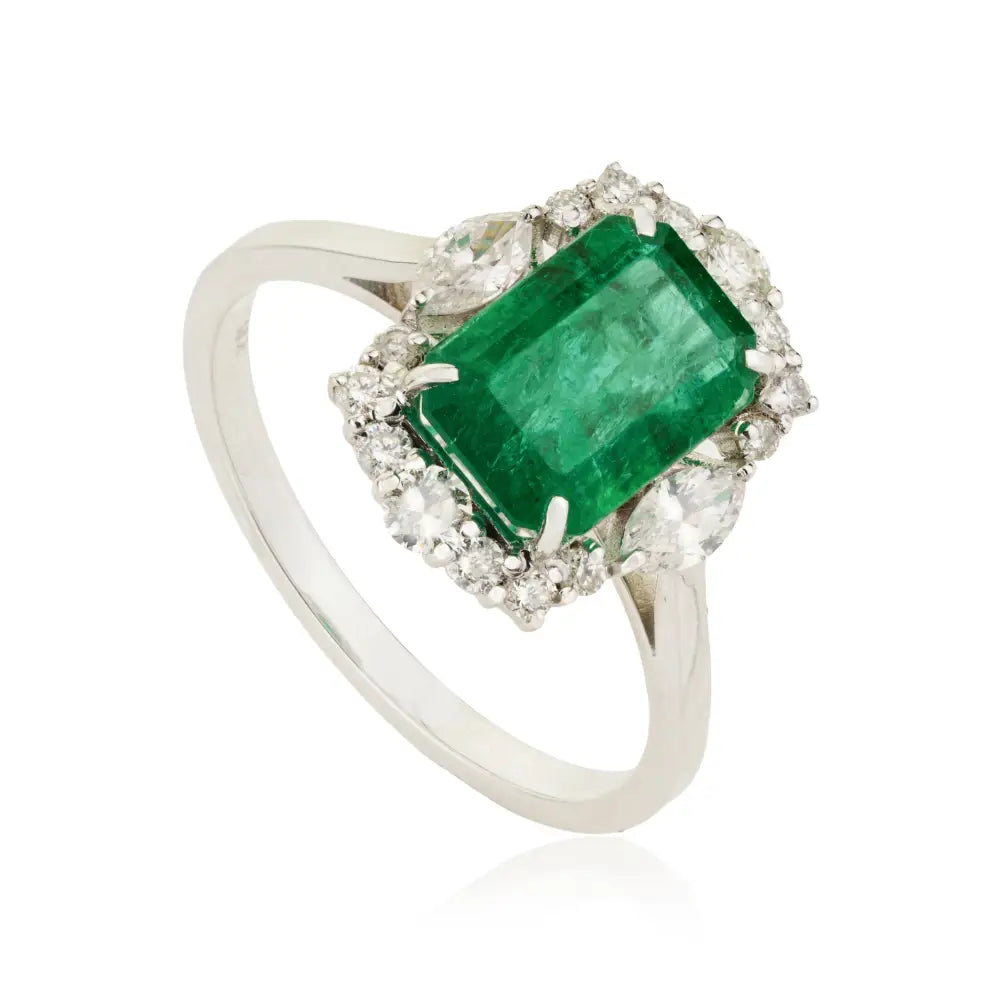 Solid 18K White Gold Emerald & Diamond Statement Ring Wholesale Gemstone Jewelry