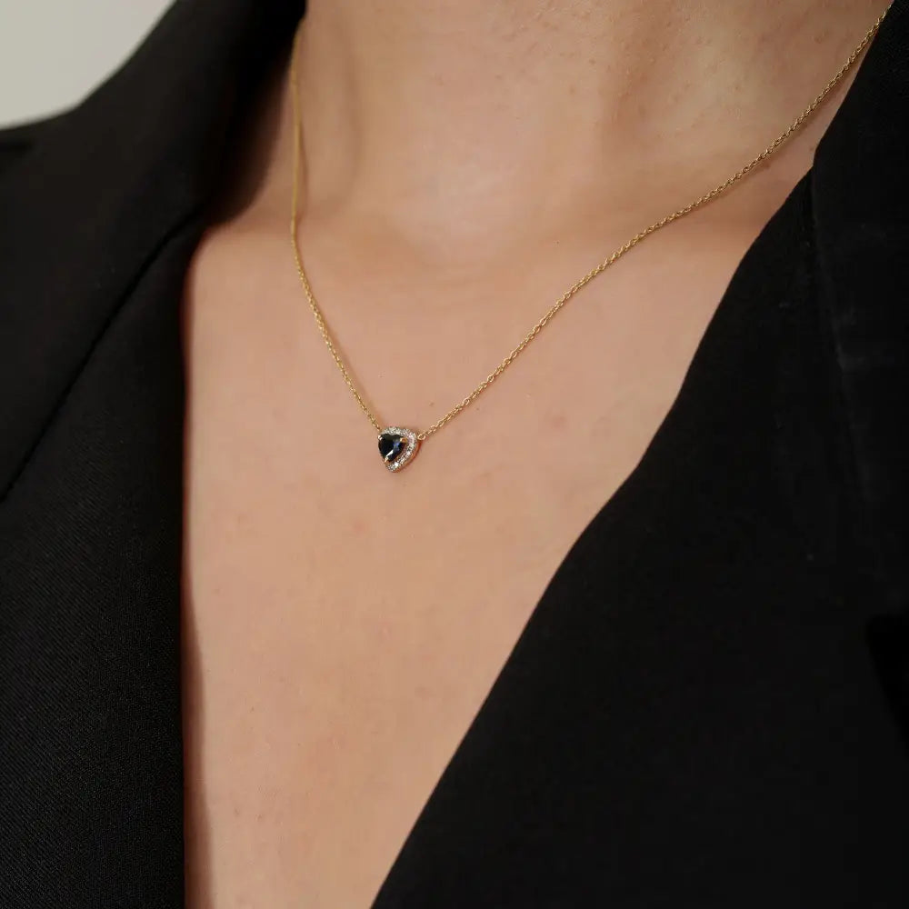Dainty Minimalist Heart Shape Blue Sapphire & Diamond Halo Pendant Necklace 14K Gold