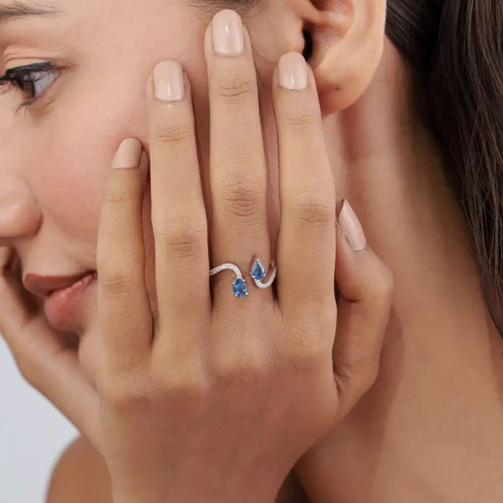 14K Real White Gold Blue Sapphire & Diamond Wavy Open Toi et Moi Ring Wedding Jewelry