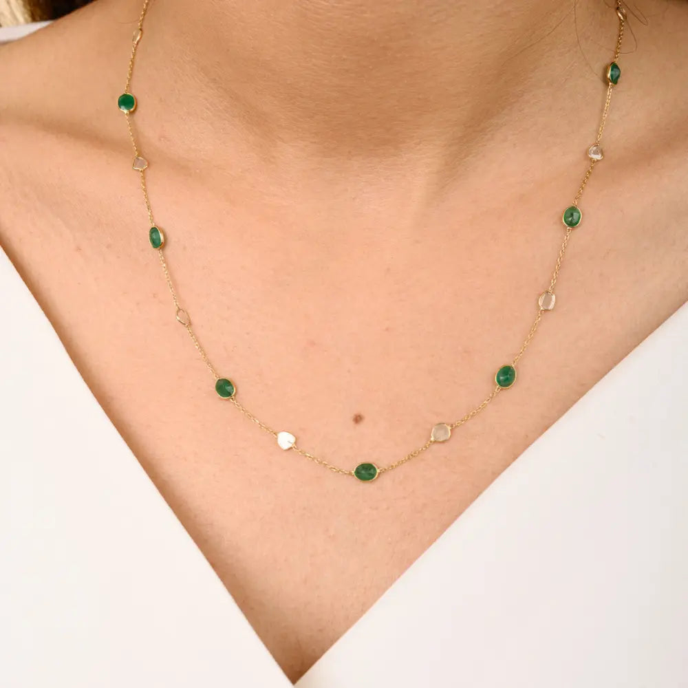 Emerald & Diamond Solid 18K Yellow Gold Handcrafted Long Chain Necklace