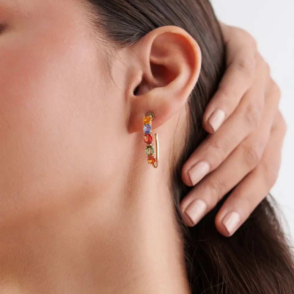 5x4mm Oval Cut Multi Sapphire C Shape Hoop Earrings Real 14K Yellow Gold Fine Jewelry