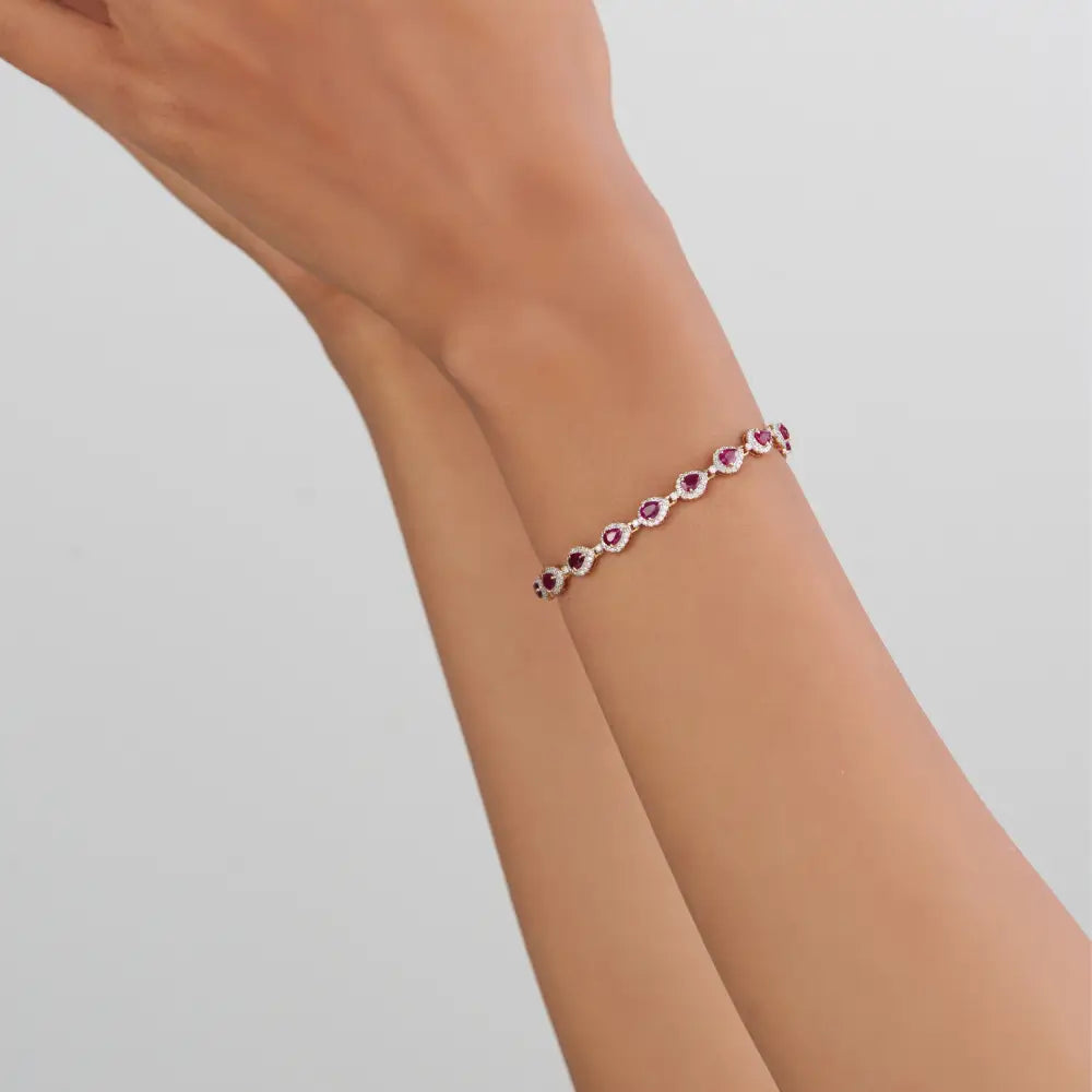 New Arrivals Real Ruby & Diamond K14 Solid Yellow Gold Halo Wedding Bracelet Valentine's Day Gift Jewelry