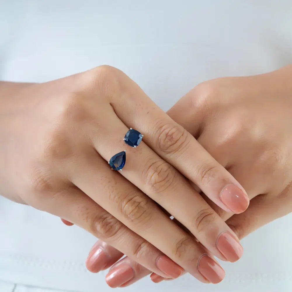 Best Quality Prong Set Blue Sapphire Gemstone Open Ring 18K Pure White Gold Bulk Jewelry