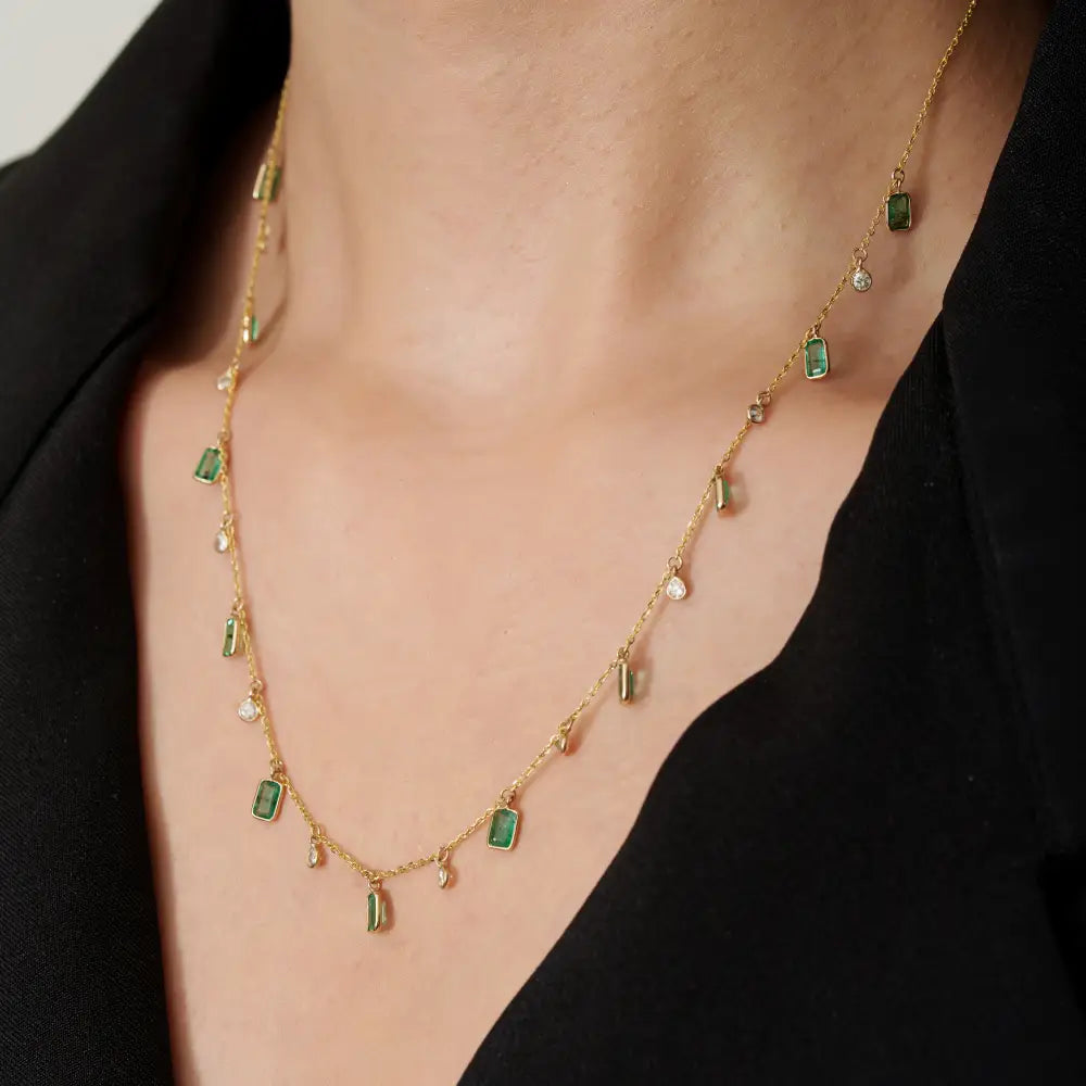 Beautiful Design 14K Pure Yellow Gold Emerald & Diamond Charm Chain Necklace For Women
