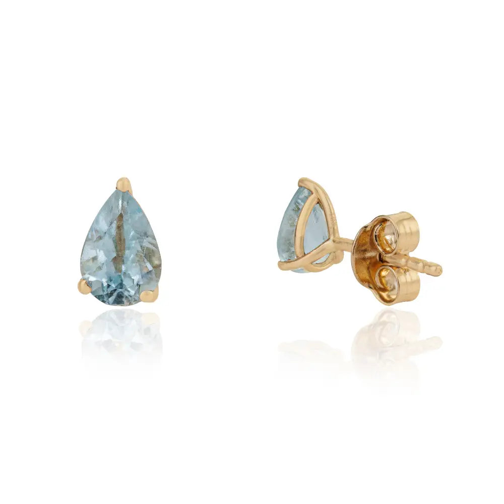 Solid 14K White Gold Pear Shape Aquamarine Gemstone Single Stone Minimal Stud Earrings